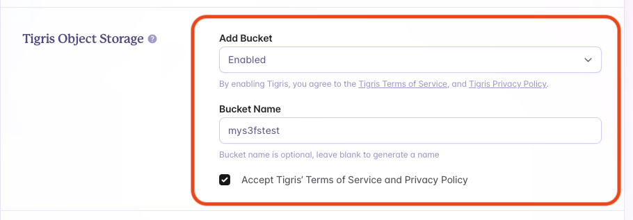 Screenshot of fly.io console, creating a bucket